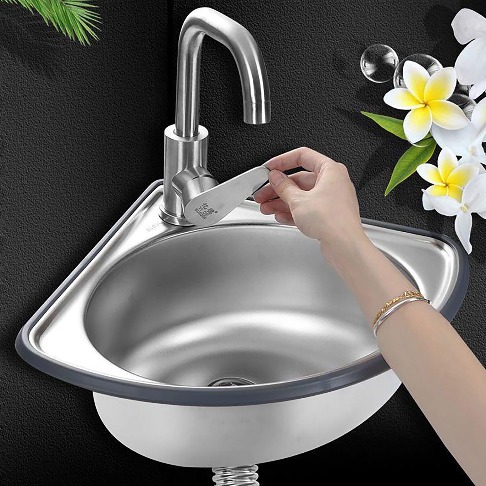 Fregadero de Acero Inoxidable de un Seno con escurridor y Grifo, lavabos Triangulares para baño, Ideal para Cocina, Exterior/Interior, Garaje, lavadero/Cuarto de Servicio, Restaurante - 34 x