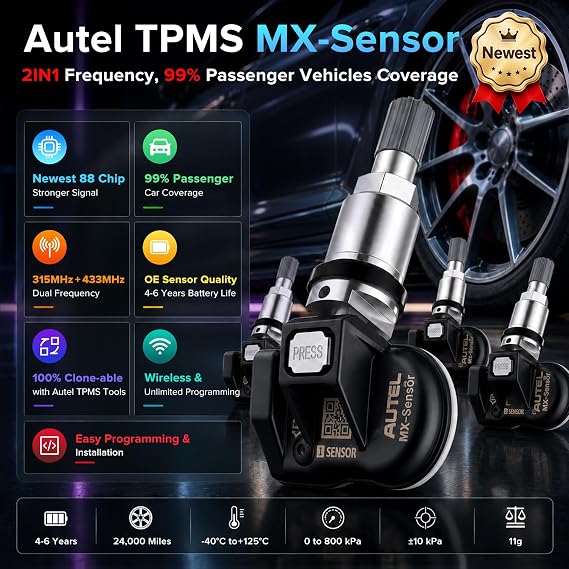 Autel TPMS Sensors Set of 4, 315/ 433Mhz 2in1 MX-Sensor OE Quality | Universal Tire Sensor, 100% Cloneable by TS408S TS501 PRO TS508 TS508WF MS906TS MS906 PRO-TS (Metal Stem, Press-Release)