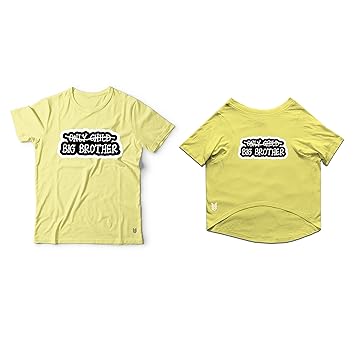 Ruse Twinning Basic Crew Neck Big Brother Printed Half Sleeves Dog and Unisex Pet Parent Tees Set.Colour-Lemon Tonic/Medium (Parents)/Small (Dogs)