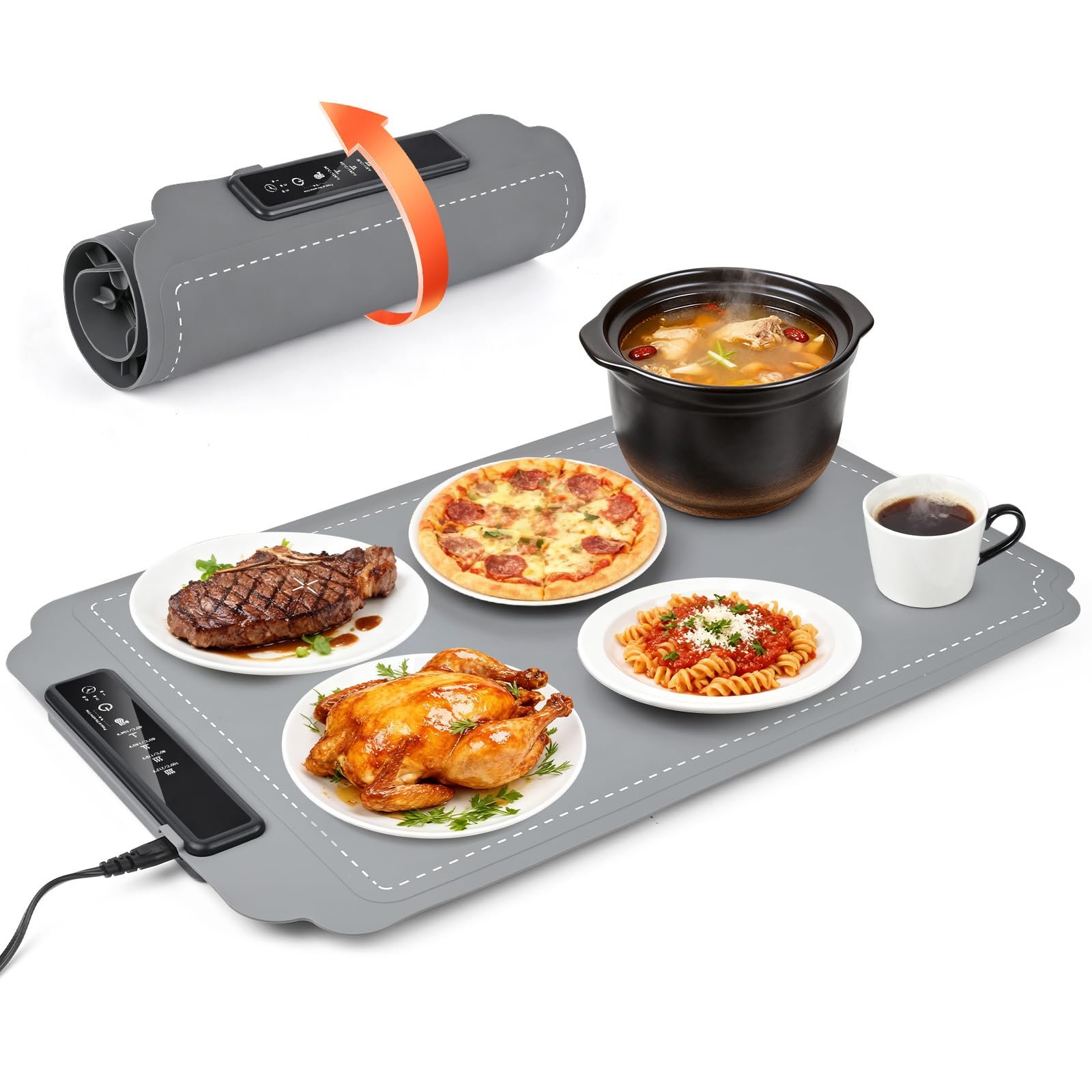 Vassoio Riscaldante Elettrico, Scaldavivande Elettrico Portatile Regolabile da 40°C a 100°C ＆ 1-3-5 Timer, Tappetino Riscaldante in Silicone, Piastra riscaldata elettrica per Buffet, Feste, Banchetto