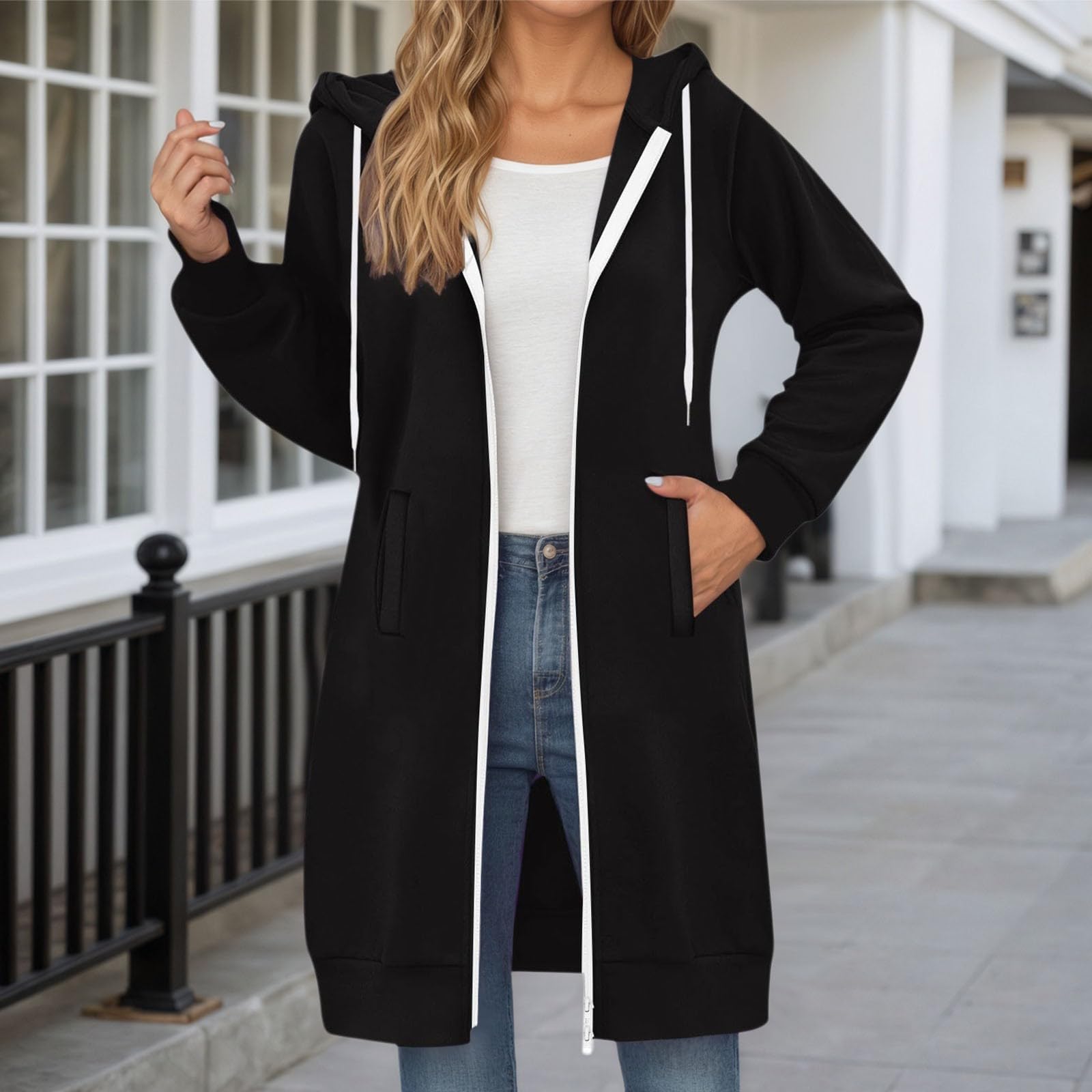 Generisch Felpa lunga con cappuccio da donna taglie forti, maglione casual con tasche con coulisse per l'uso quotidiano in autunno e inverno