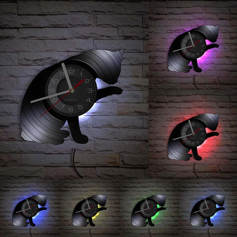 Orologio Da Parete Gatto In Vinile 30x30 Cm Con LED | Design Vintage, Luce Notturna 7 Colori, Telecomando Incluso - 2