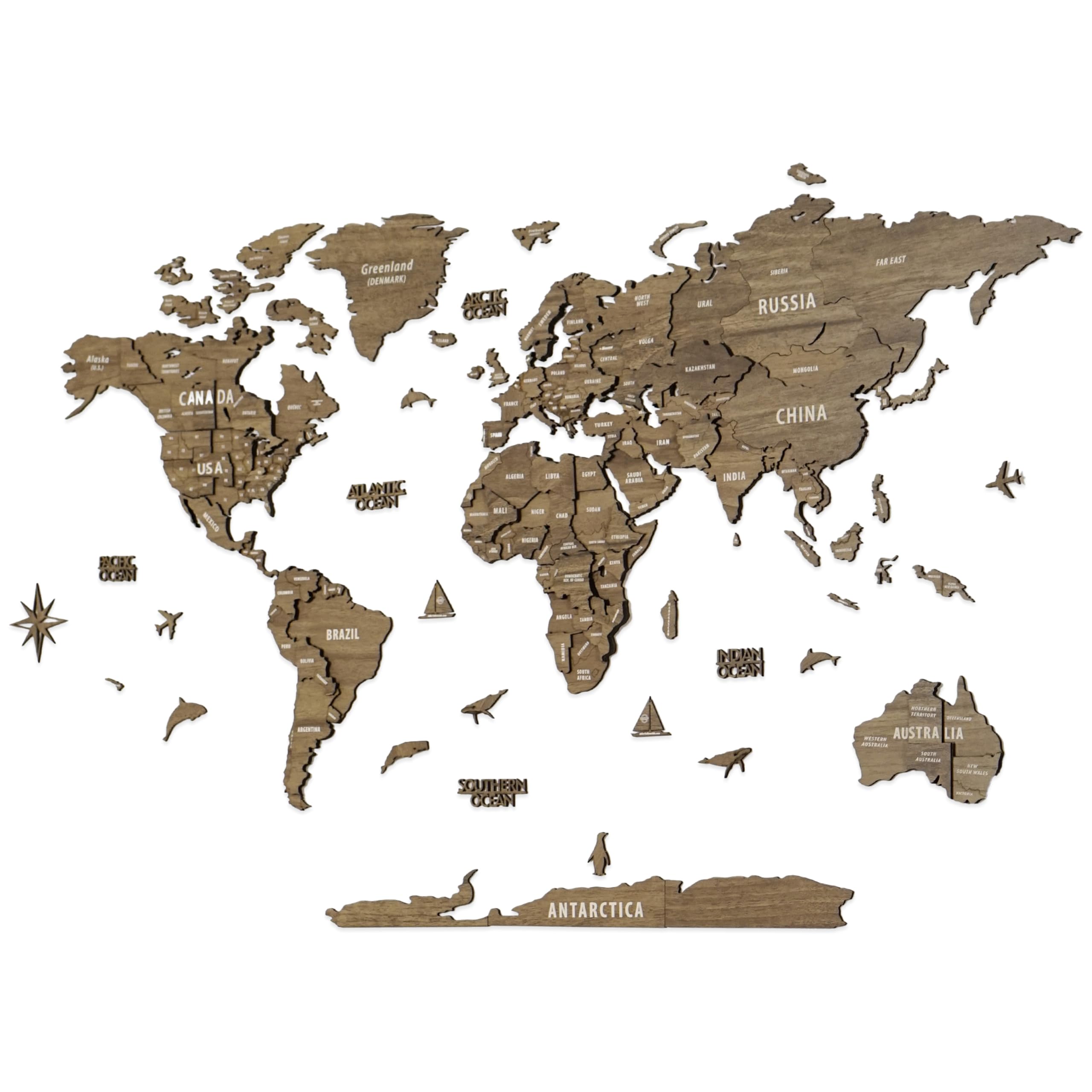 Colorfull Worlds Weltkarte Holz 3D – Ahorn Holz Weltkarte für Wanddekoration – Weltkarte zum Pinnen – Elegante Holz Wandkunst für Wohnzimmer und Büro – Vega, M