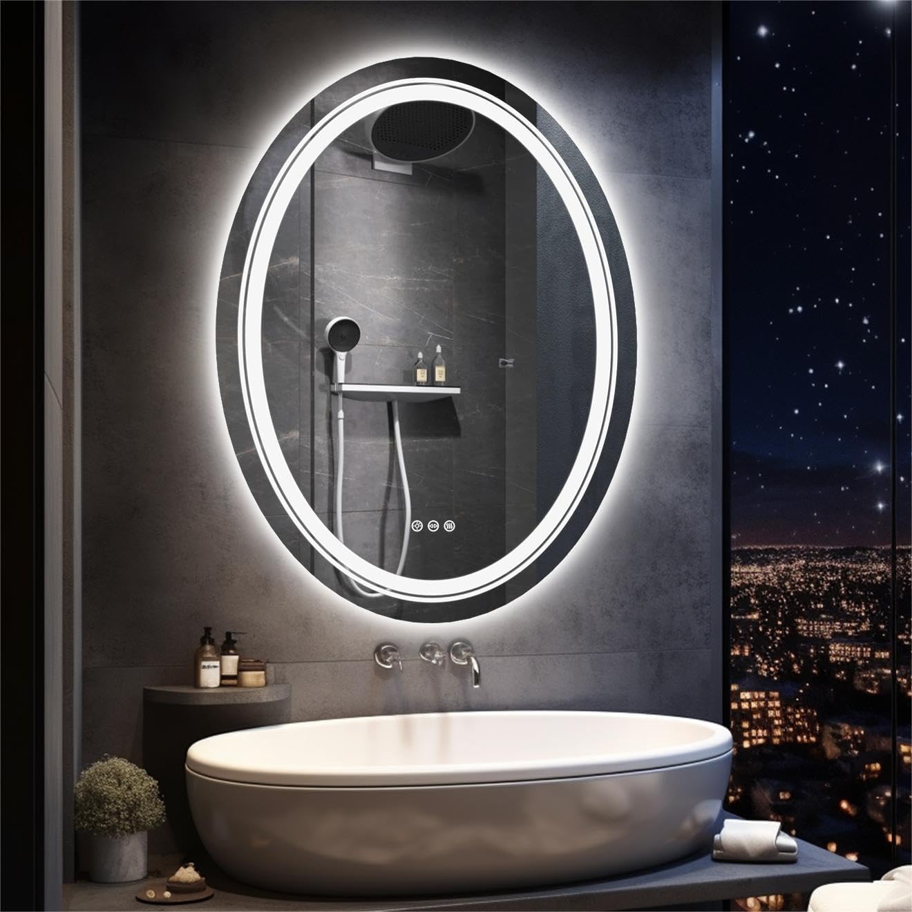 E-Led Italian Beauty Specchio Ovale Anti-Appannamento, 70X50 cm - Per Bagno, A Parete