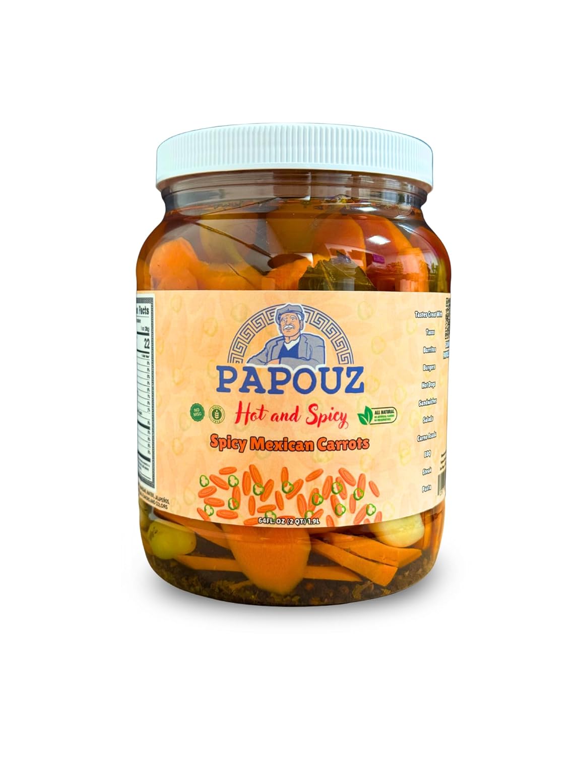 Pickled Carrots, Hot and Spicy, Mexican Style, 64 FL OZ, All Natural, Low Calorie, Gluten Free, Fat Free, No Preservatives, Low Sugar, Premium Pickled Carrots, Jalapeños, and Cascabella Chili Peppers Blend, Premier Product, Hand Sliced, Family Recipe, Great for Taco Bar or Salsa Bar, Made By Papouz