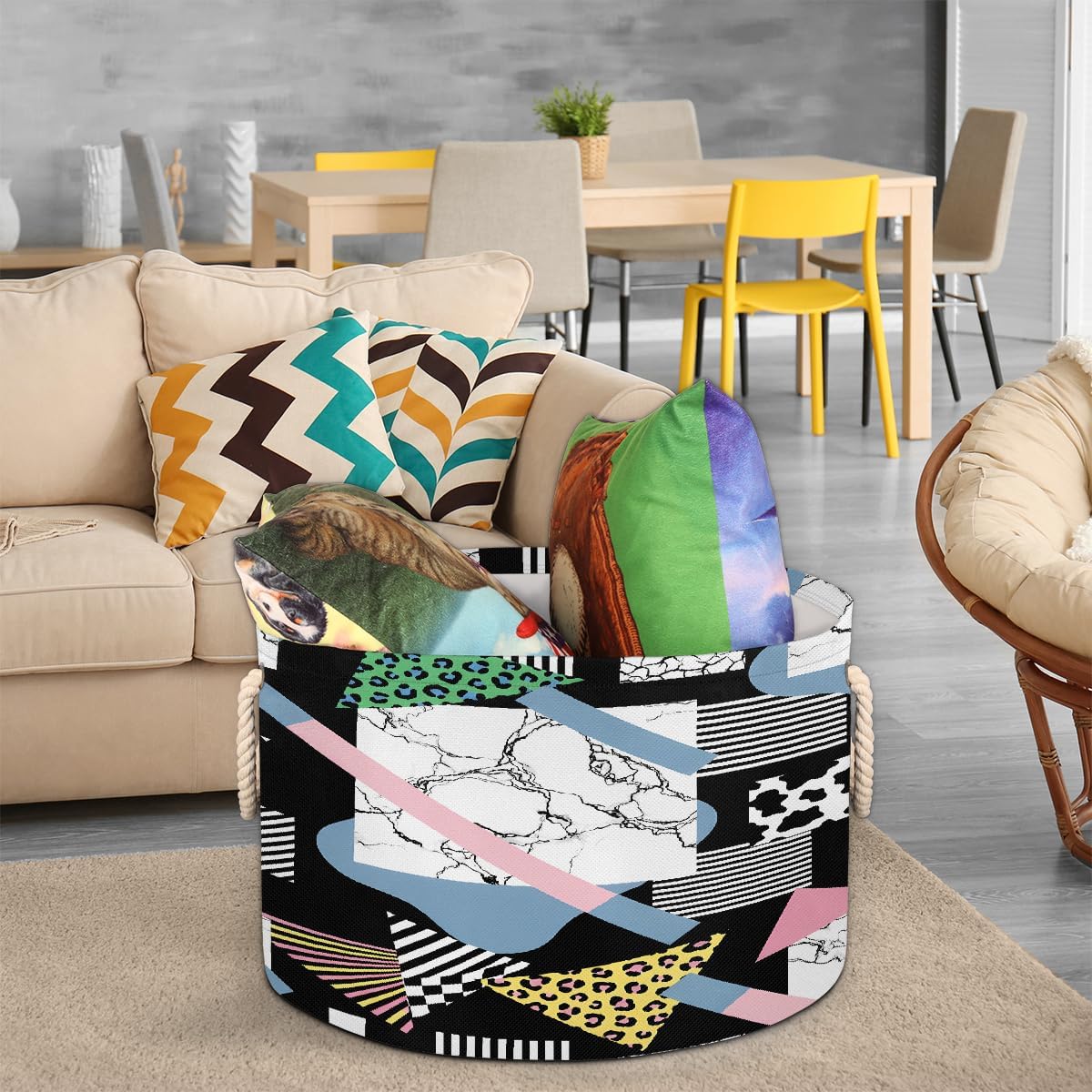 Large Storage Baskets - Retro Geometric Animal Print Nursery Round Collapsible Organizer Bin Box, Laundry Hamper for Kids Toys, Blanket, Bedroom Living Room Home Decor, Gift Basket, 19.4"x13.3"