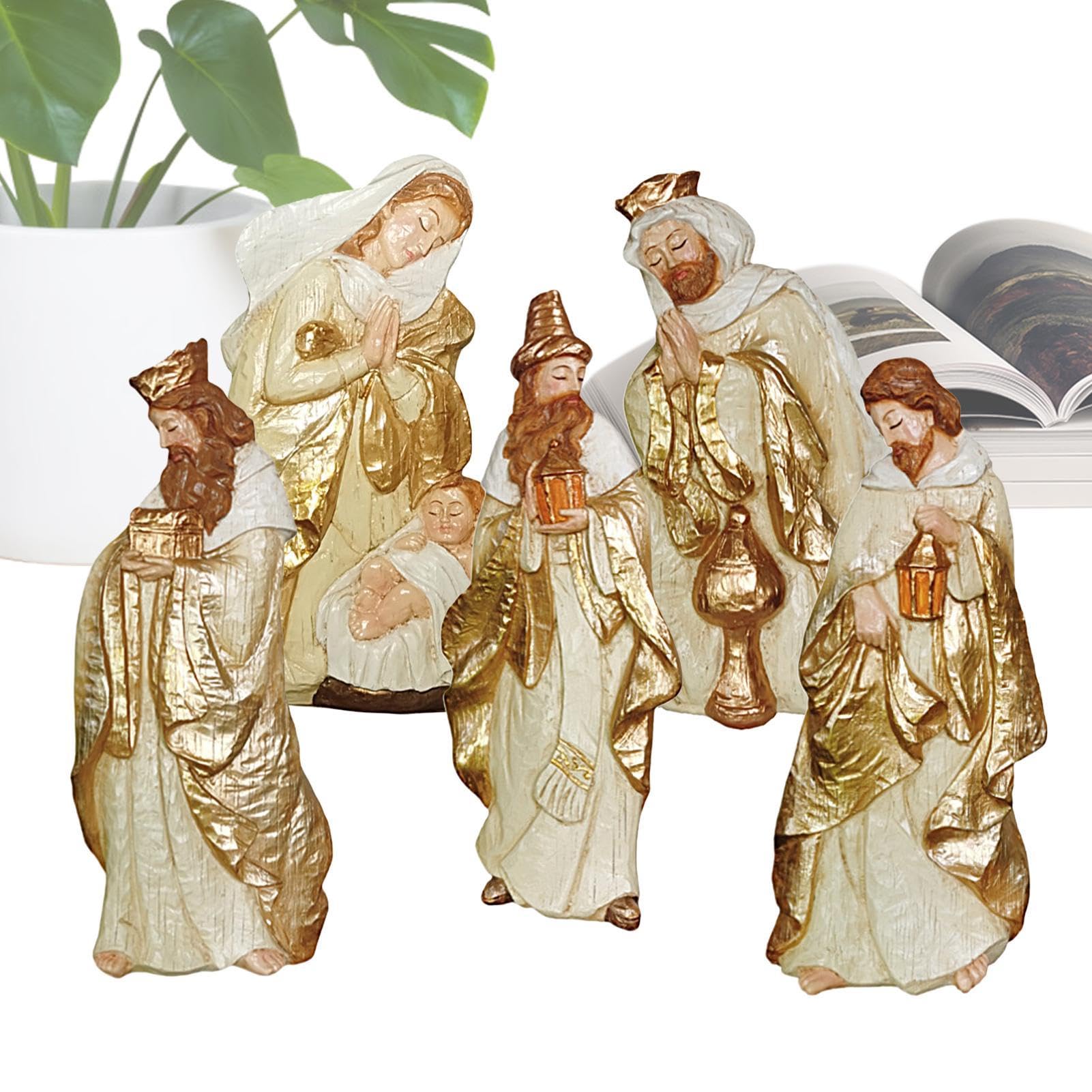 Set Scena Della Natività 5 Pezzi Statuina Della Sacra Famiglia In Resina | Statuine Religiose Per Il Natale Le Feste La Casa La Chiesa Il Tavolo La Scrivania La Mensola Lo Scaffale Il