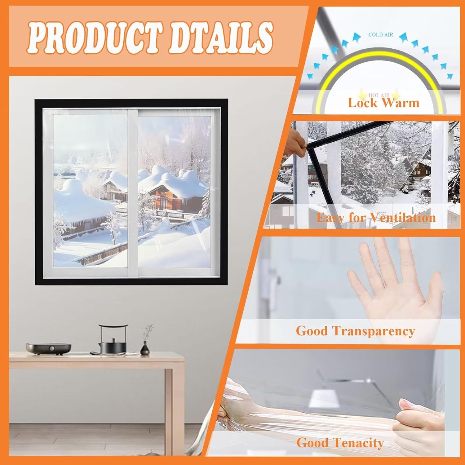 Window Insulation Kit, Clear Window Film with Double-Sided Adhesive Transparent Film, Windproof and Warm in Winter Plastic Window Wrap for Living Room,70x160cm(27.5x63in)