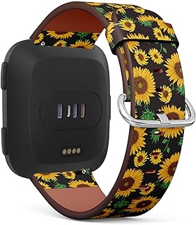 Q-Beans Watchband, Compatible with Fitbit Versa, Versa 2, Versa Lite - Replacement Leather Band Bracelet Strap Wristband Accessory // Sunflowers On Black Pattern