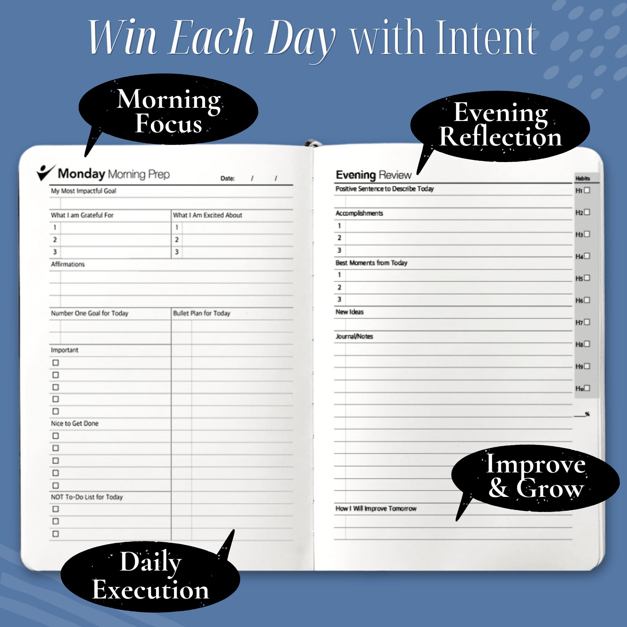 Goal Crazy Agenda journalier non daté – 90 jours A5 2023, planificateur pour les horaires chargés, suivi des habitudes de productivité, inspirant, planificateur de vie quotidienne, pages amandes (bleu