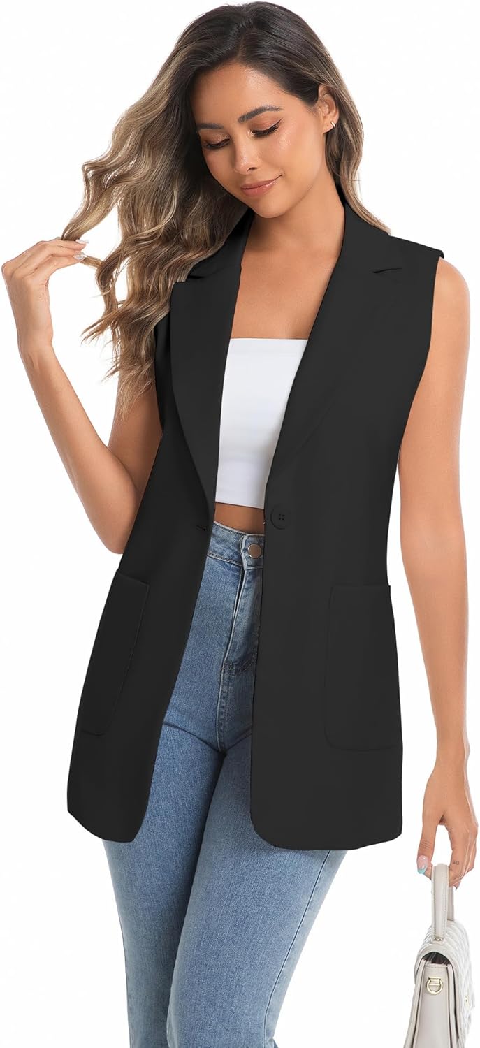 IDEALSANXUN Womens Long Vest Sleeveless Blazer Dressy Spring Summer Suit Jackets - Image 3