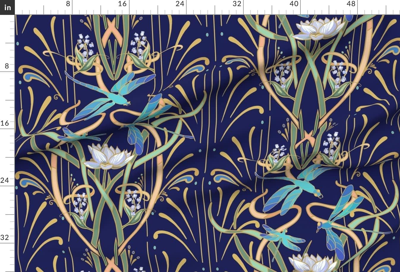 Spoonflower Fabric - Bold Art Nouveau Large Scale Dragonflies Aqua Lotus Lily of The Valley Printed on Minky Fabric by The Yard - Sewing Baby Blankets Quilt Backing Plush