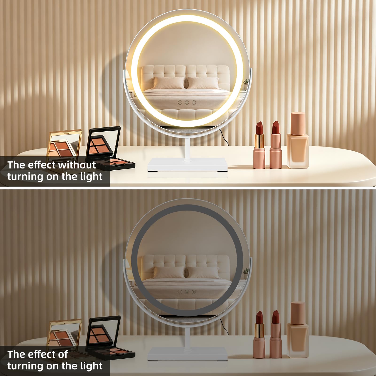 MantoLite Espejo de Maquillaje Redondo LED Iluminado 40 cm Blanco Táctil | Espejo de maquillaje grande giratorio 360° con luces, espejo de mesa regulable con 3 modos de iluminación.