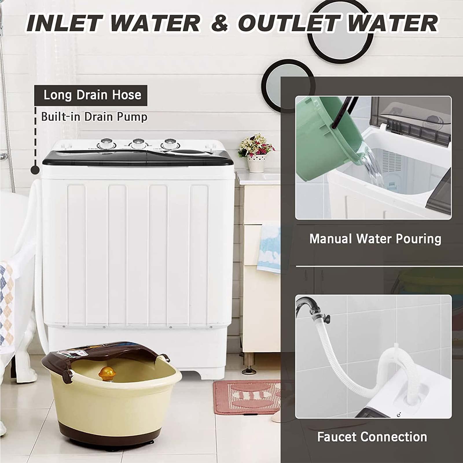 Combo de lavadora y secadora de doble bañera, capacidad de 28 libras con perillas de control, descarga de drenaje integrada y control de temporizador para el hogar, RV, dormitorio, apartamento