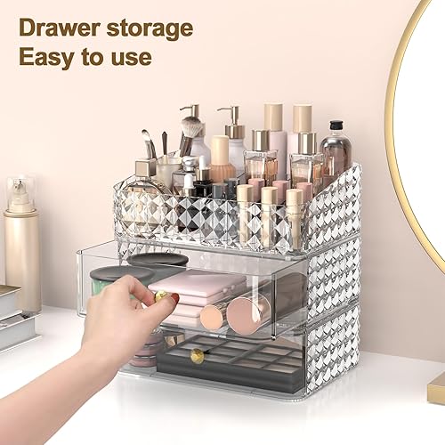 Miniatura 6 de Rosoenvi Organizador de maquillaje para tocador, organizador apilable de cosméticos y almacenamiento, vitrinas de cosméticos con 2 cajones y 1