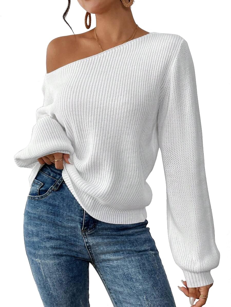 SKAYS Womens Off The Shoulder Sweater Asymmetrical Neck Fall Ribbed Knit Long Sleeve Pullover Sweaters Lightweight Top