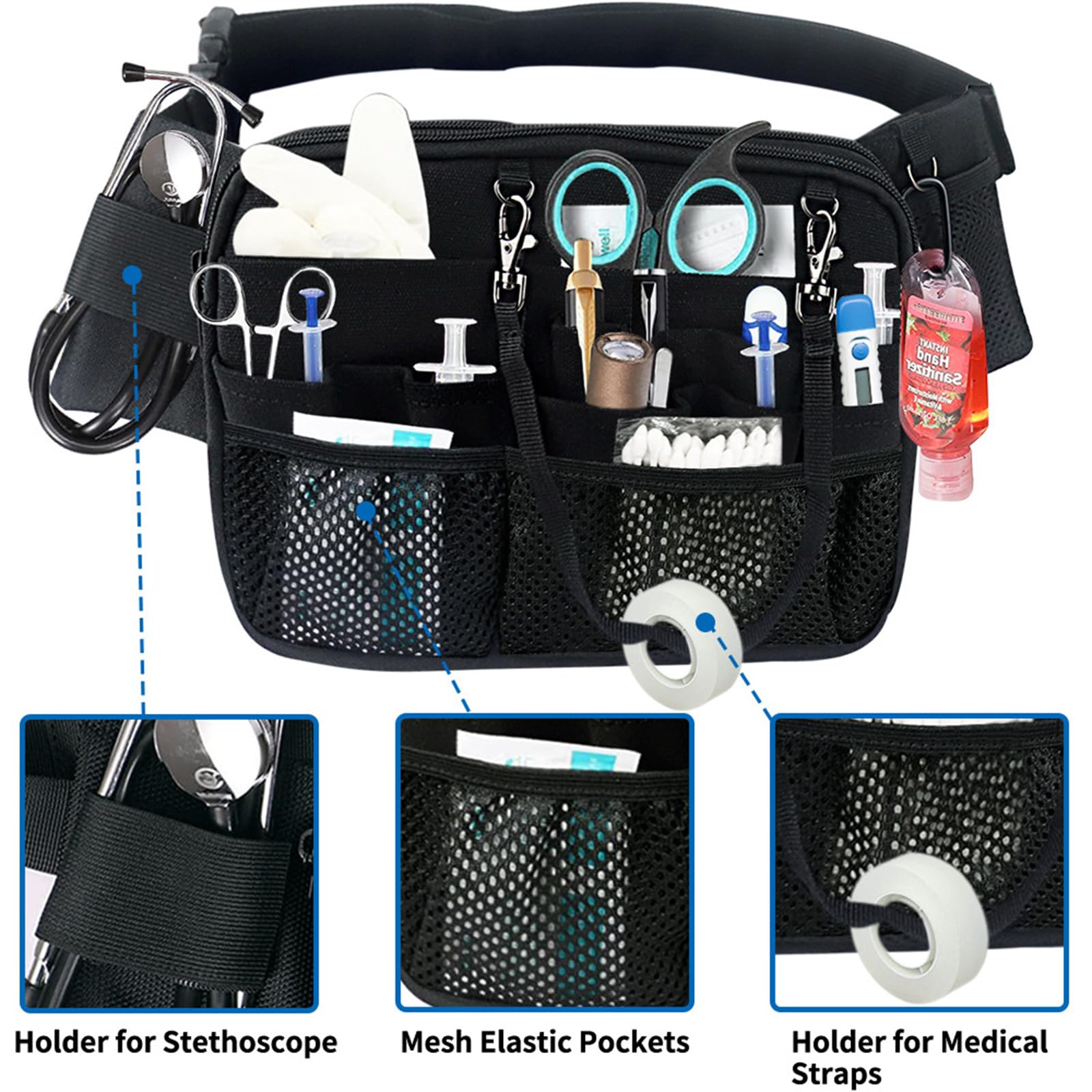Cintura da infermiera con cinghia per attrezzi multi-scomparto, pratica con tasca per attrezzature mediche e supporto per nastro per stetoscopio, bendaggio, forbici o altri oggetti, nero