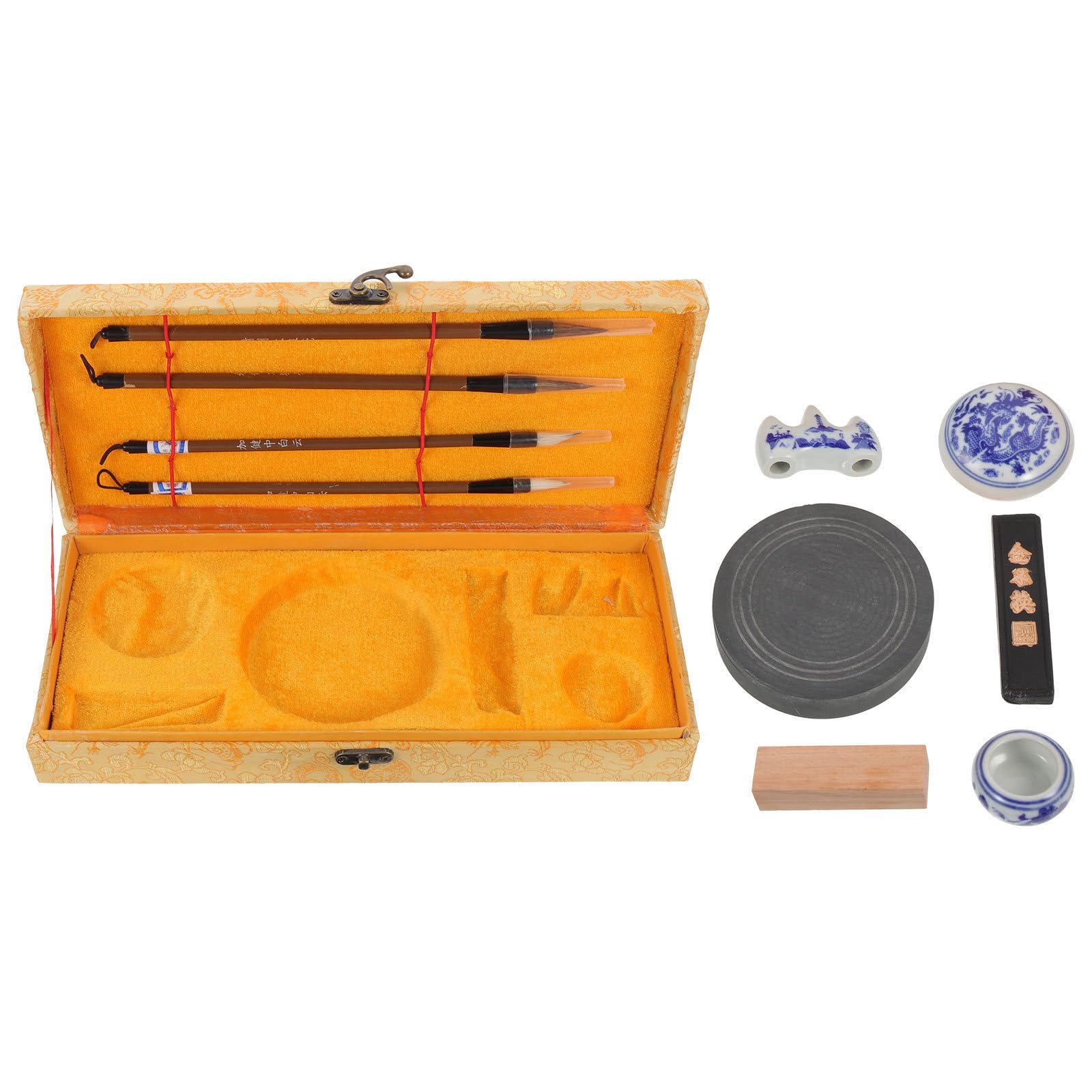 POPETPOP Coffret Calligraphie pour Débutants Pinceau à Écrire Portable en Tissu et Bois, Bâton Encre Rond Sûr, pour Peinture et Dessin