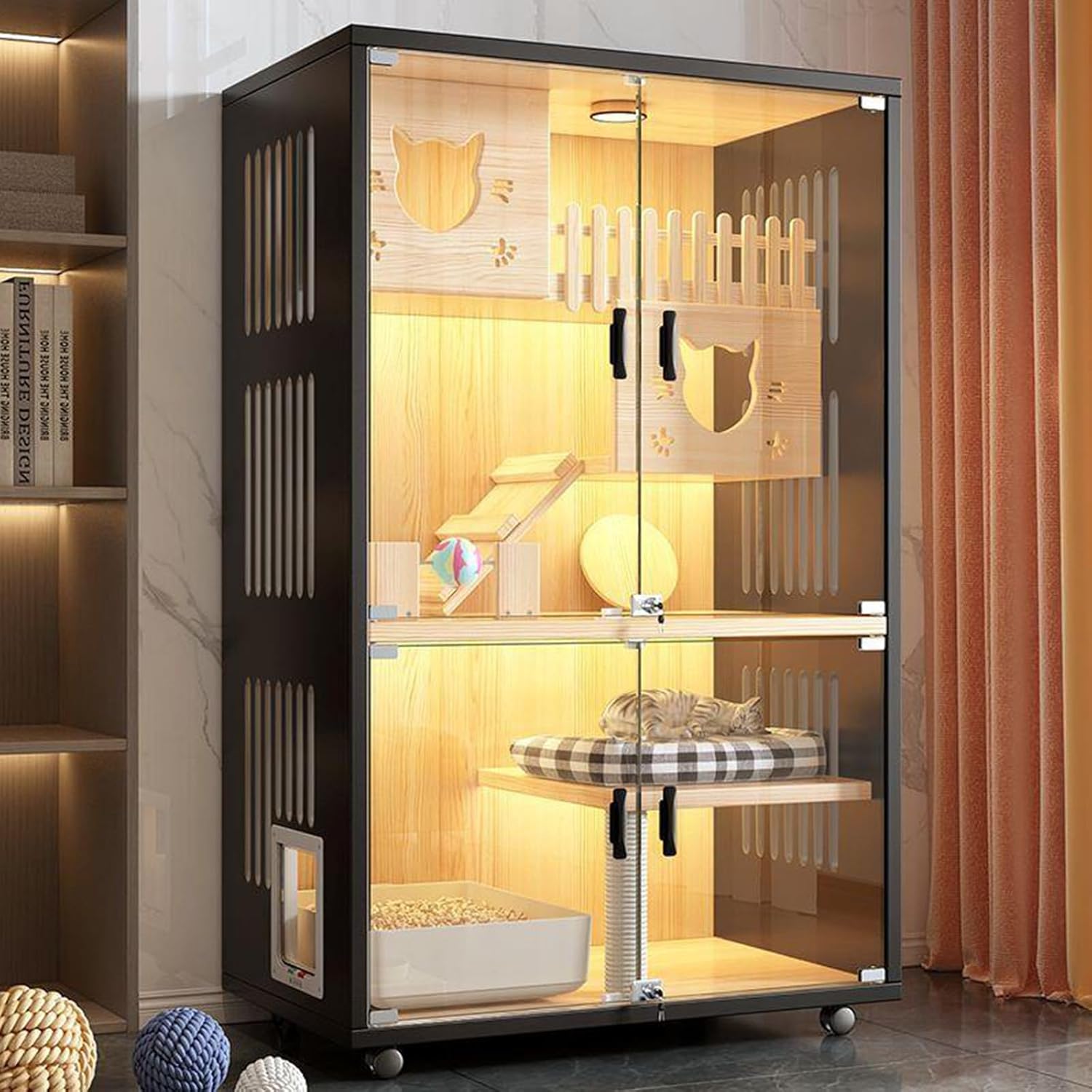 キャスター付きキャットハウス キャットヴィラ 猫ケージ キャットハウス 家庭用 屋内猫の巣 特大フリースペース キャットハウス 無垢