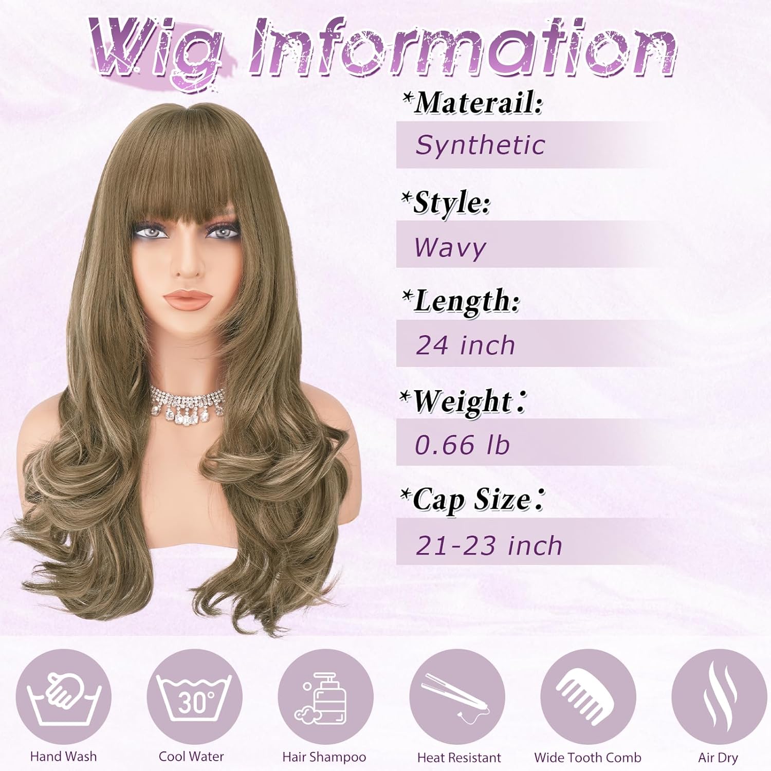 Haloo Brown Blonde Wigs with Bangs Long Wavy Layered Haircut Natural Looking Fluffy Synthetic Heat Resistant Hair Wig for Women Daily Party, 24 Inch Brown Mixed Blonde