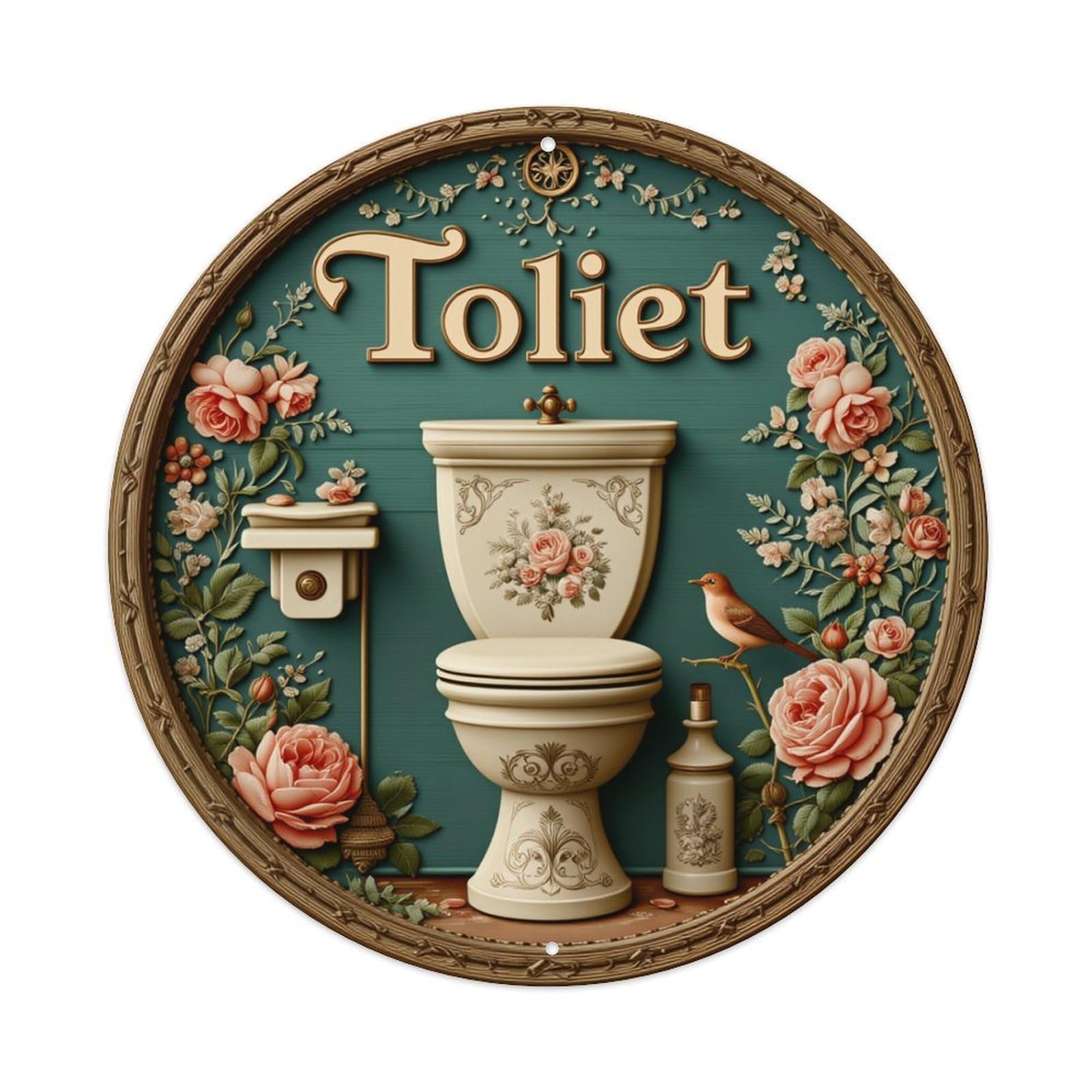 Floral Ornate Vintage Toilet Design Round Tin Sign Retro Metal Sign for Cafe Bar Pub Home Game Room Gym Club Wall Decoration Vintage Metal Poster 8x8 Inch