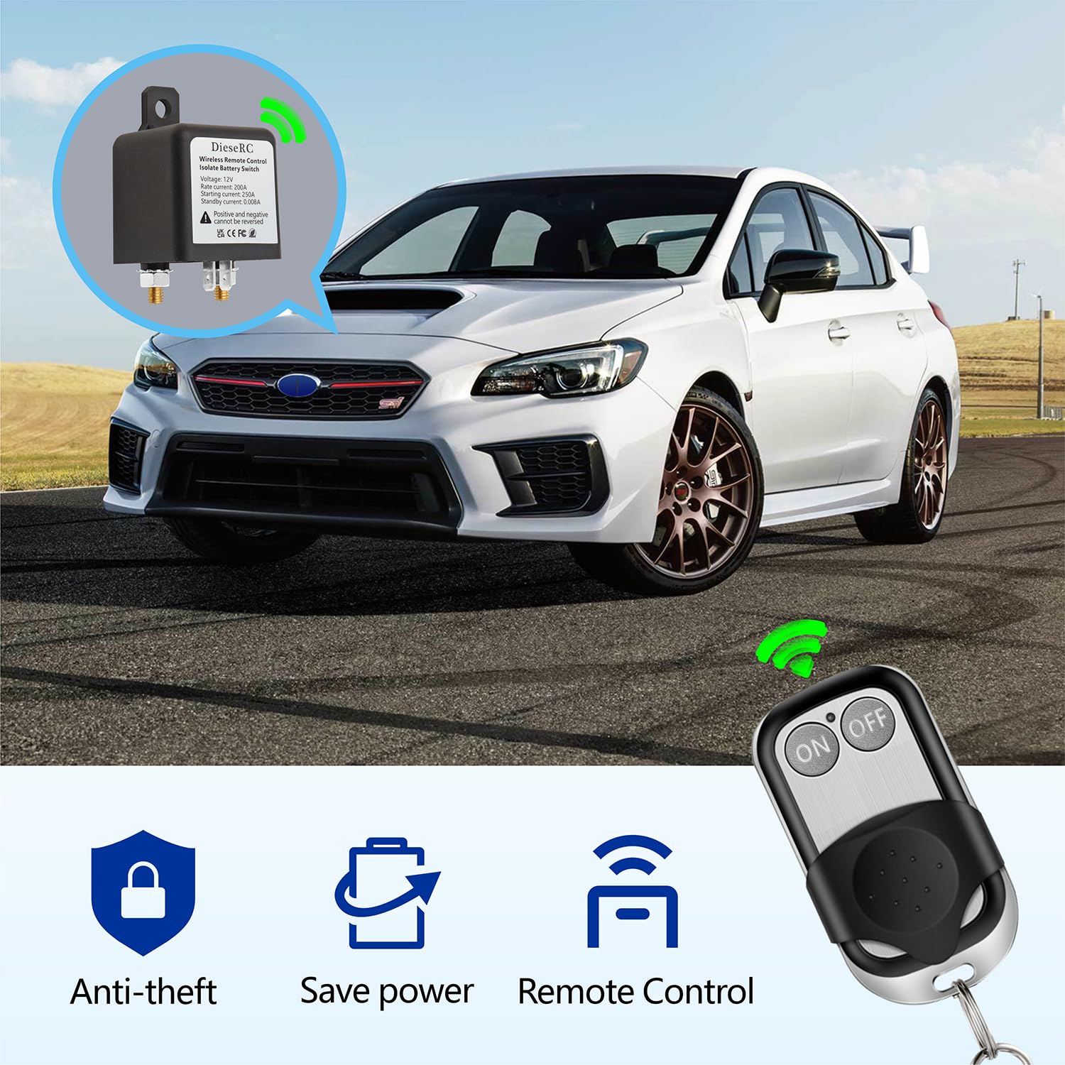 DieseRC Interruttore di Disconnessione Della Batteria del Telecomando Senza fili, Ricevitore Relè DC 12V 200A Isolatore Batteria per auto con 2 Trasmettitori, Interruttore Antifurto per Evitare