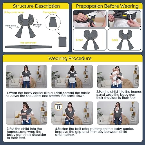 Miniatura 7 de Fular portabebés eslinga bebé que lleva envolturas recién nacidos a niños pequeños bebés elásticos fáciles de llevar manos libres talla grande, gris