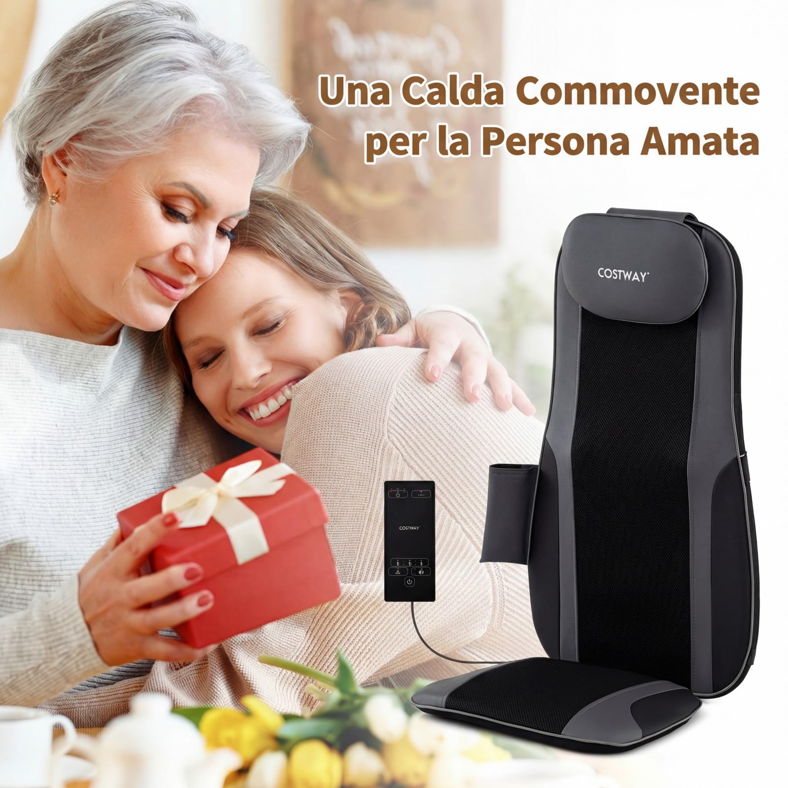 COSTWAY Sedile Massaggiatore per Schiena con Calore, Cuscino Massaggiante Shiatsu per Poltrona con 4 Nodi Impastanti a Rotazione e 2 Motori Vibranti, Massaggiatore 3D per Collo e Schiena