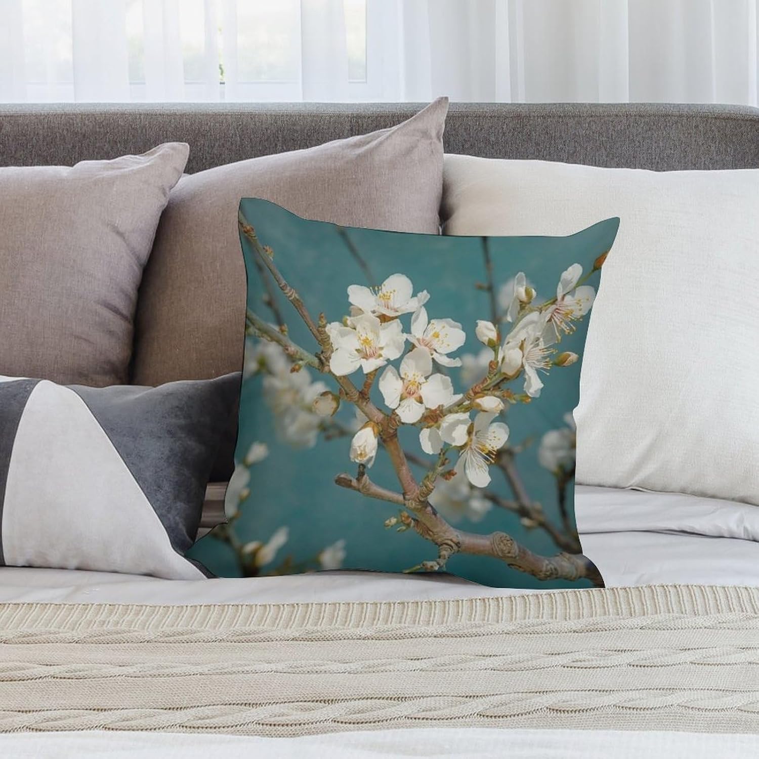Zippered Pillow Cover, Pillow Protector, Pale White Flowers Printed Pillow Cover of 4, Pillow Not Included