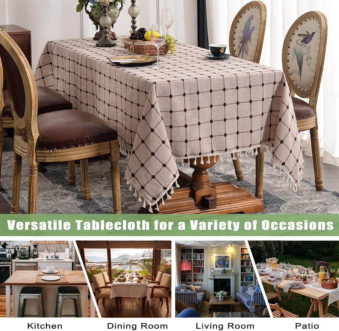 Bonnorth Embroidery Cotton Linen Tablecloth Rectangle with Tassel, Farmhouse Spill-Proof Dust-Proof Checkered Table Cover,Washable Decorative Table Cloth for Kitchen, Dining Room (60"x120" Coffee)