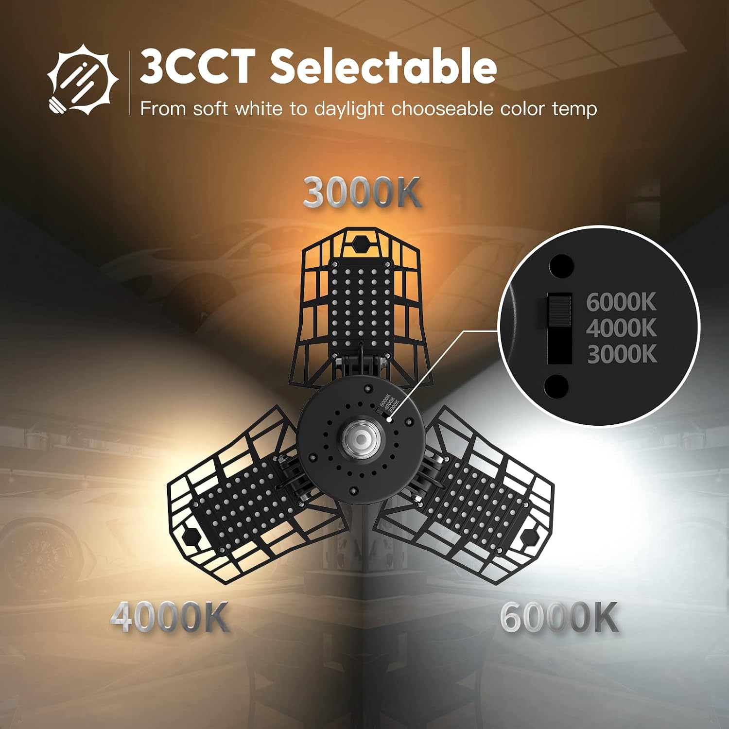 2-Pack 3CCT LED Garage Light with 3 Deformable Panels, 60W 6000LM with E26/27 Medium Base, 3000K/4000K/6000K Selectable Triple LED Garage Lighting, Screw in LED Tri Light for Attic, Basement(Black)
