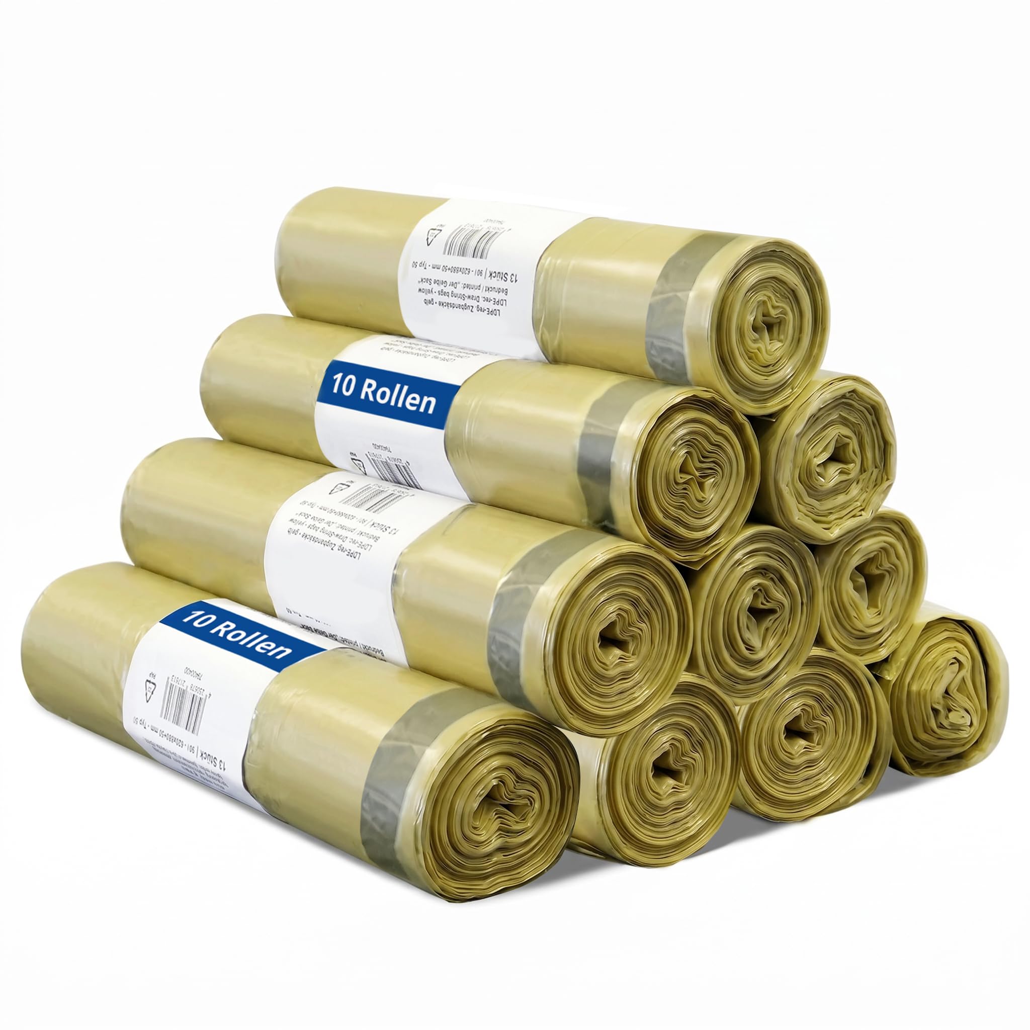 130 Gelbe Säcke (10x13) – 22 µ, Reißfest & Elastisch, 98% Recycling-LDPE, Nachhaltig, Hergestellt in der EU, Strapazierfähig für Plastikmüll & Recycling