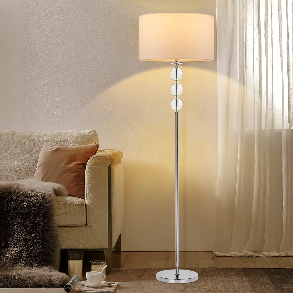Dott Arts Floor Lamp for Living Room, Modern Standing Lamp Crystal Reading Floor Lamp Silver Corner Light for Bedroom, Bright 8W Bulb Included…