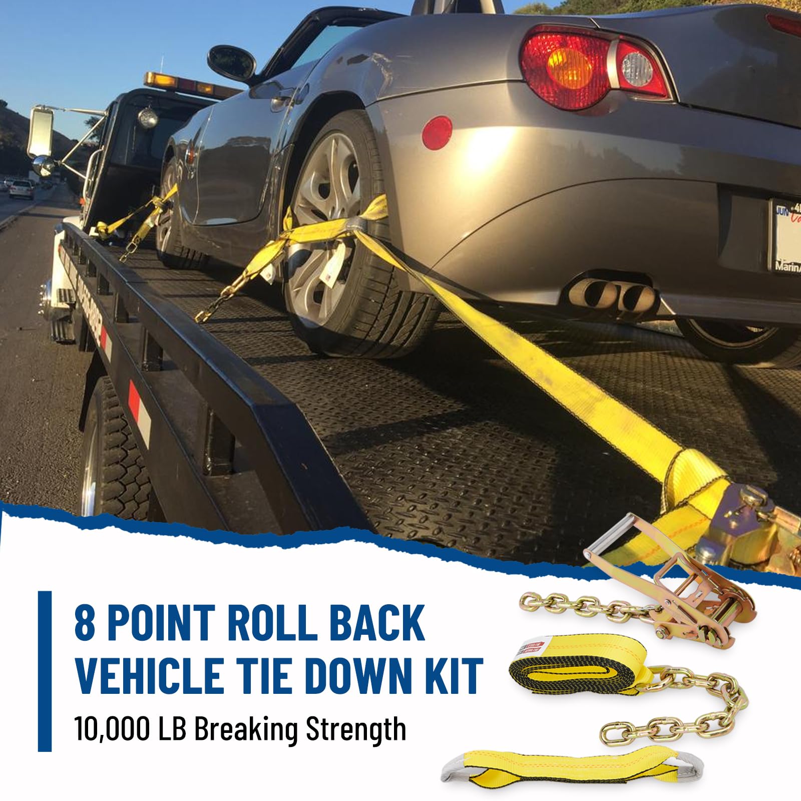 Mega Cargo Control 8 Point Roll Back Vehicle Tie Down Kit With Chain Extension Blue Towing Straps With Blue Sleeve Protectors - View #8
