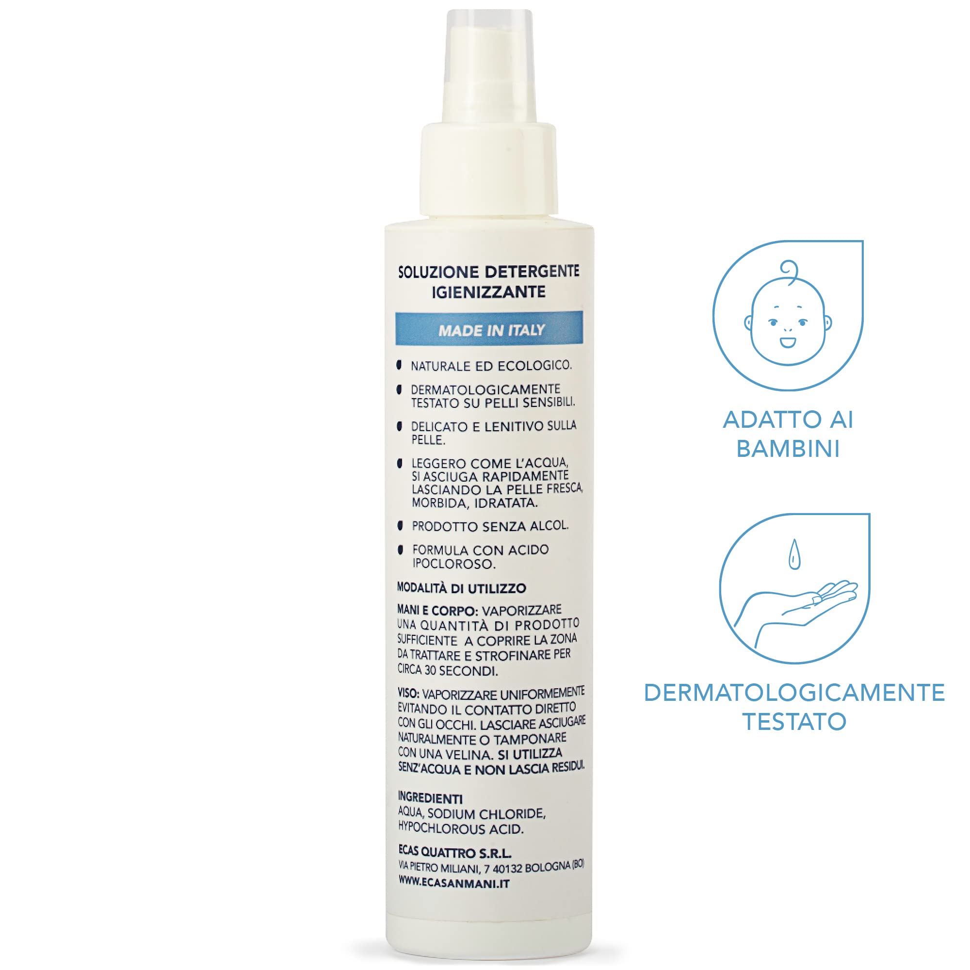 ECASAN Igienizzante Spray Mani Viso e Corpo 100% Naturale Spray Rinfrescante Viso Sanificante, Acido Ipocloroso spray viso, Skin care Viso Senza Profumo e Alcool - Formula Green e Vegan (150 ml)