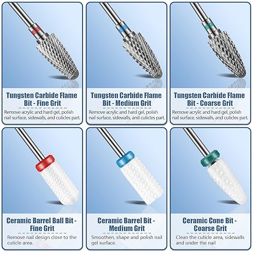 Miniatura 3 de Depvko Juego de 13 brocas para taladro de uñas, brocas para uñas, 3 brocas de carburo de tungsteno + 3 brocas de cerámica Efile para taladro de uñas