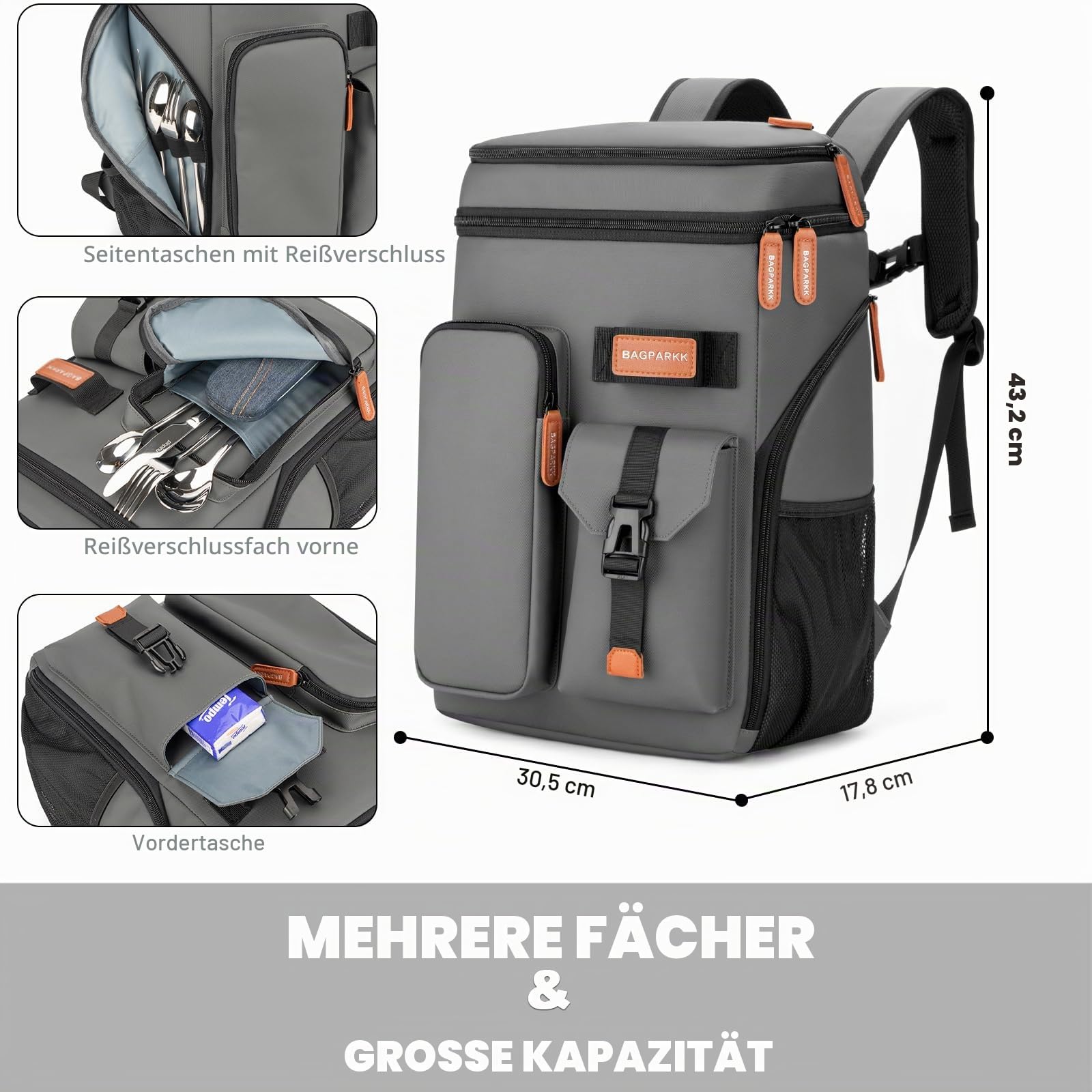 BAGPARKK Isolierter Kühlrucksack, 33 Dosen, multifunktional, doppelstöckig, auslaufsicher, Kühltasche mit Brustgurt, große Kapazität, leicht, Reisen, Camping, Strandrucksack