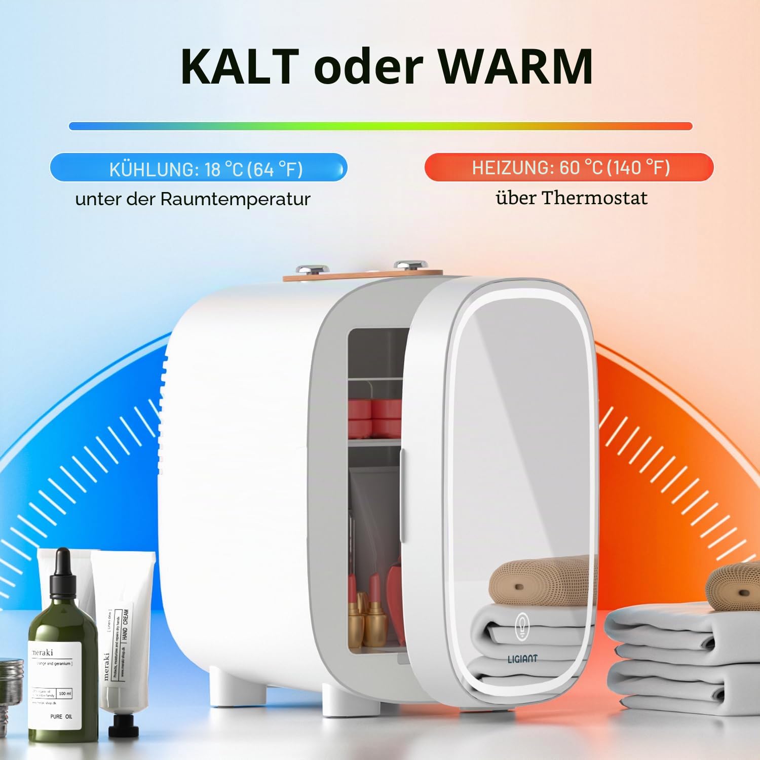 DF01A Mini Kosmetik Kühlschrank, 4L Mini-Kühlschrank mit 3-stufig LED Spiegel, Geräuscharm, Kleiner Hautpflege Kühlschrank mit Kühl- und Heizfunktion, Tragbares Design für Schlafzimmer, Büro und Auto