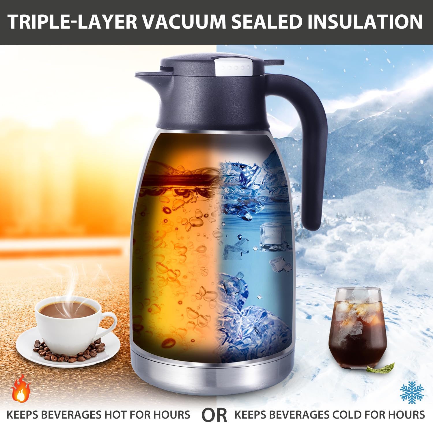 Heritage66 - Dispensador térmico de café con triple pared de acero inoxidable, termo aislado al vacío, termo para café caliente, 12 horas de té, agua, 2 litros (amplia apertura)
