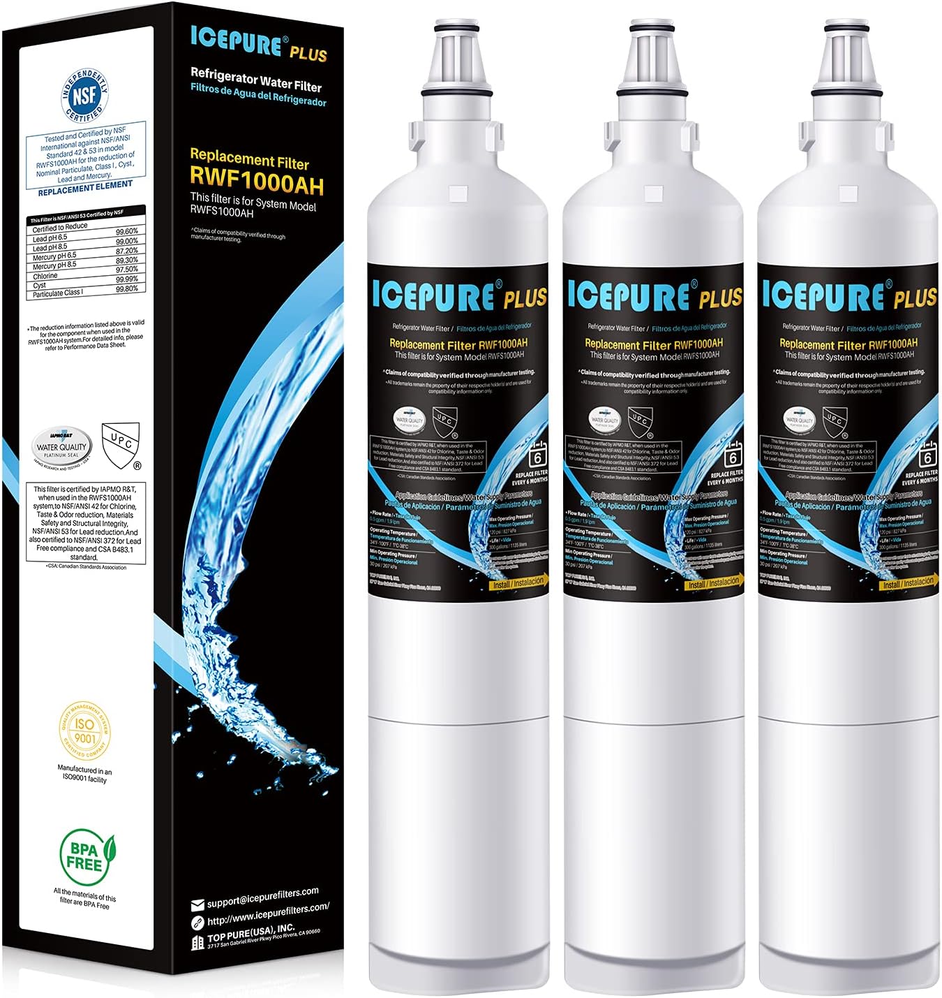 ICEPURE PLUS 9990 NSF 53&42 Certified Replacement for Kenmore 46-9990, LG LT600P 5231JA2006B 5231JA2006A-S, KENMORECLEAR 9990, FML-2, LSC27931ST, LFX25960ST, RWF1000A Refrigerator Water Filter, 3PACK