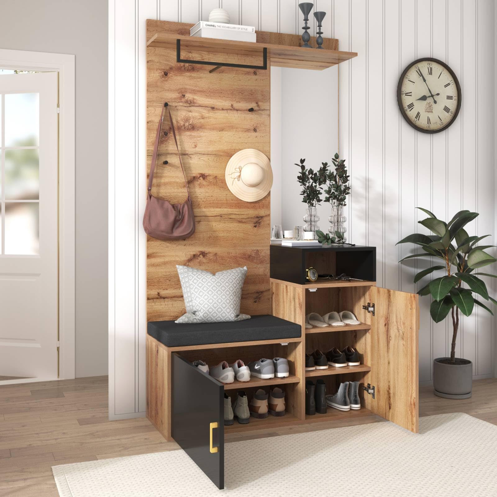 KOMHTOM Buffet à chaussures en grain de bois, armoire de rangement avec crochets, miroir et deux portes, armoire polyvalente pour entrée, couloir, chambre à coucher (C)
