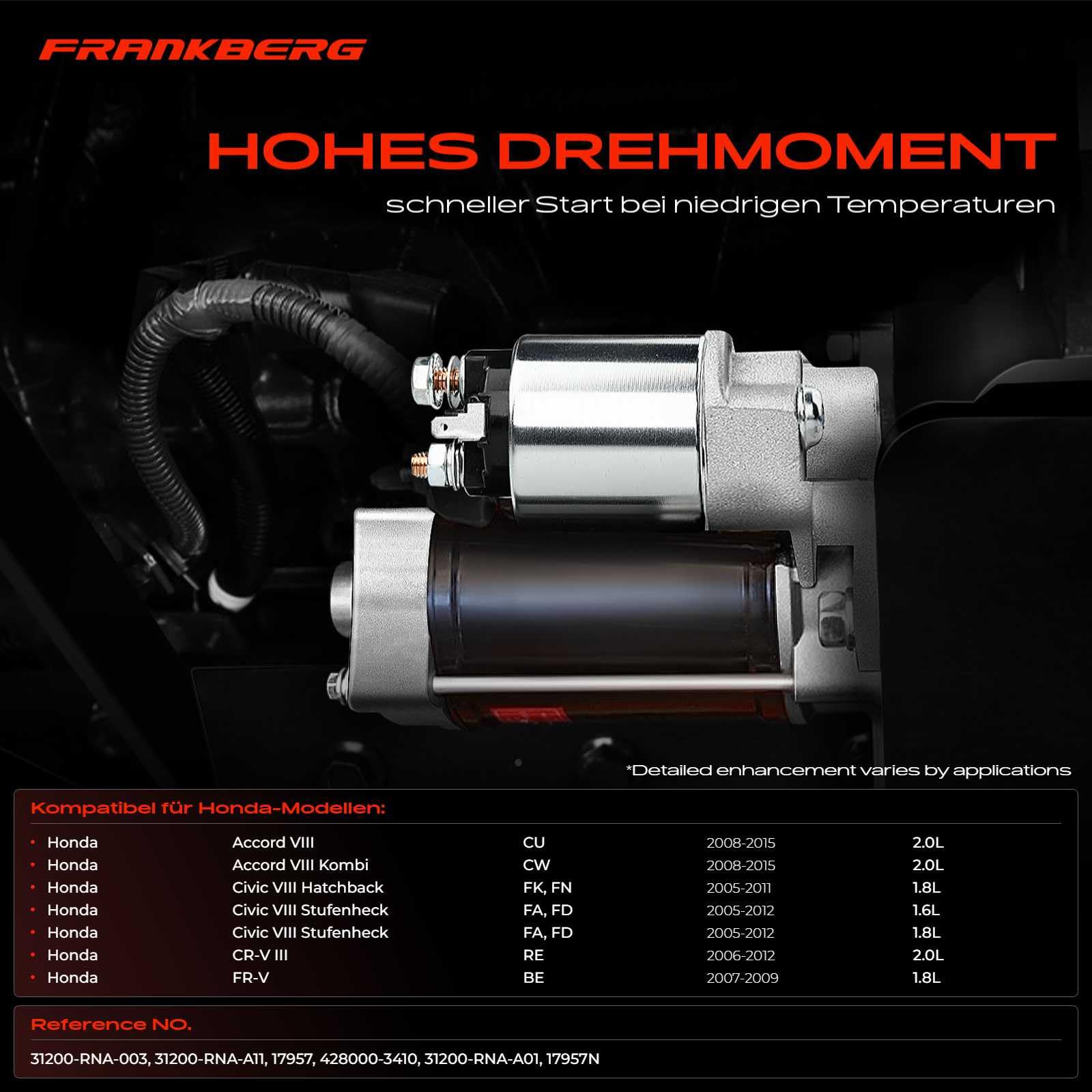 Frankberg Motorino d'avviamento per auto 1 kW 12 V 9 denti 17957 | 17957N; Compatibile con: Civic VIII Hatchback FK FN, CR-V III RE, FR-V BE, Accord VIII CU, Accord VIII Estate CW