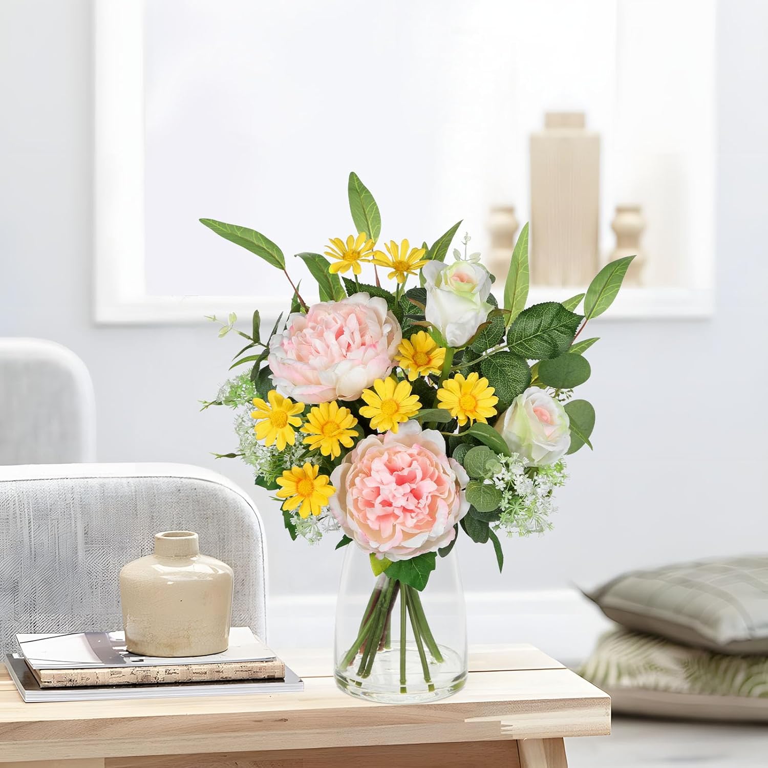 Briful Artificial Flowers in Vase, Mixed White Rose Pink Peony Yellow Daisy and Greenery Leaf Floral Arrangements, Fake Flowers in Glass Vase with Faux Water, Home Wedding Patio Centerpiece Decor