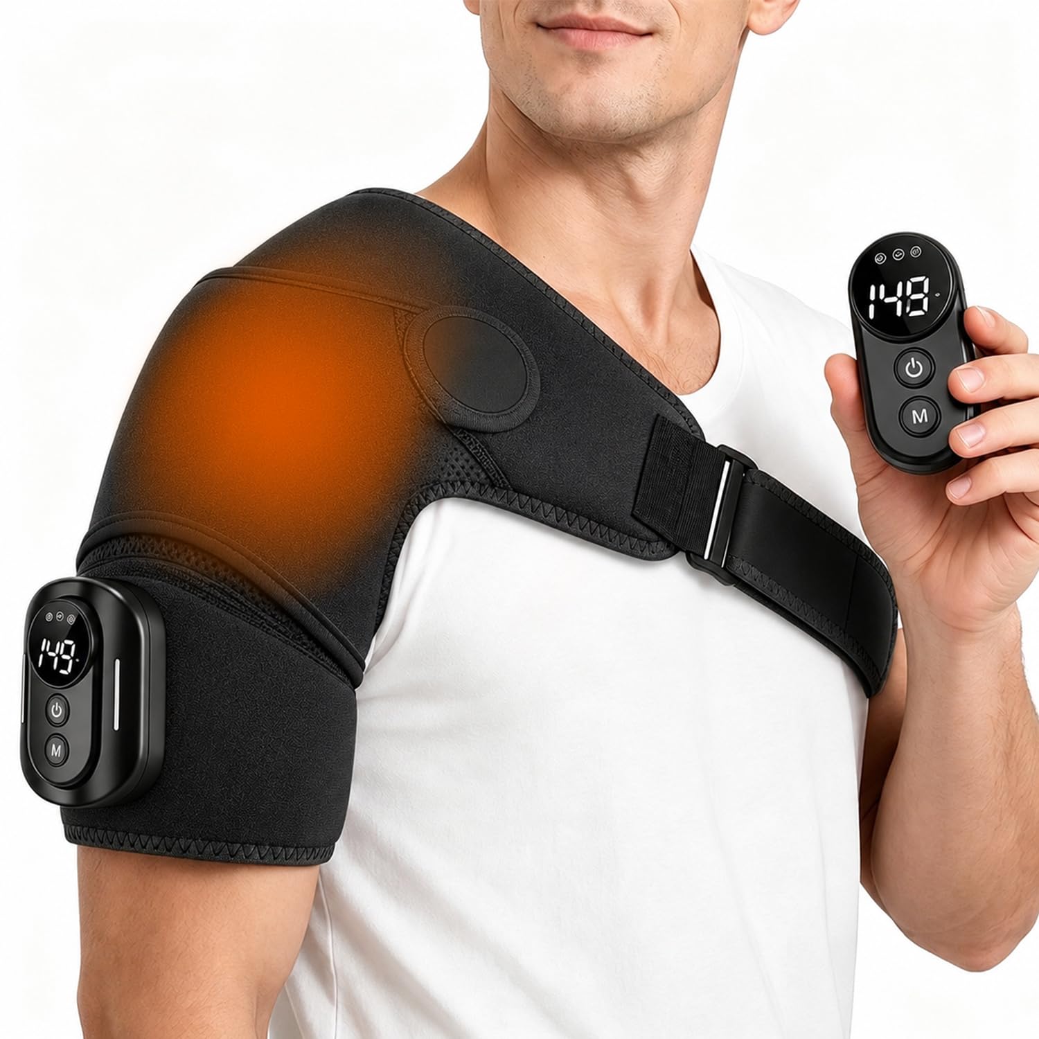 Schulter Massagegerät, Triple Methode Schultermassage Gerät mit Wärme | Elektrische Massagegerät mit 5 Heizstufen & 5 Vibration, 5000mAh-Batterie, Fernbedienung, 3-Gang-Timer, Geschenke für Männer
