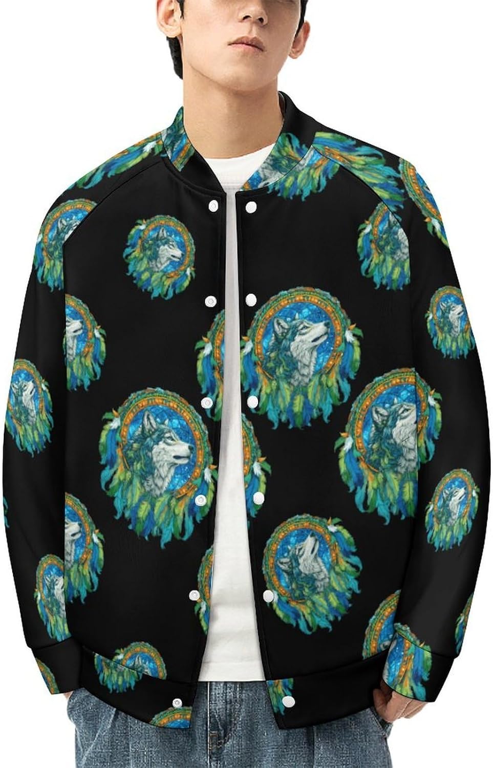 Dreamcatcher1 Wolf Men's Baseball Bomber Lightweight Jacket Casual Coats Streetwear