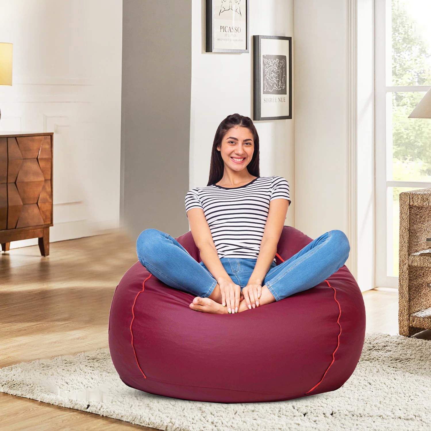 Amazon Brand - Solimo XXL Bean Bag Cover (Maroon with Pink Piping)