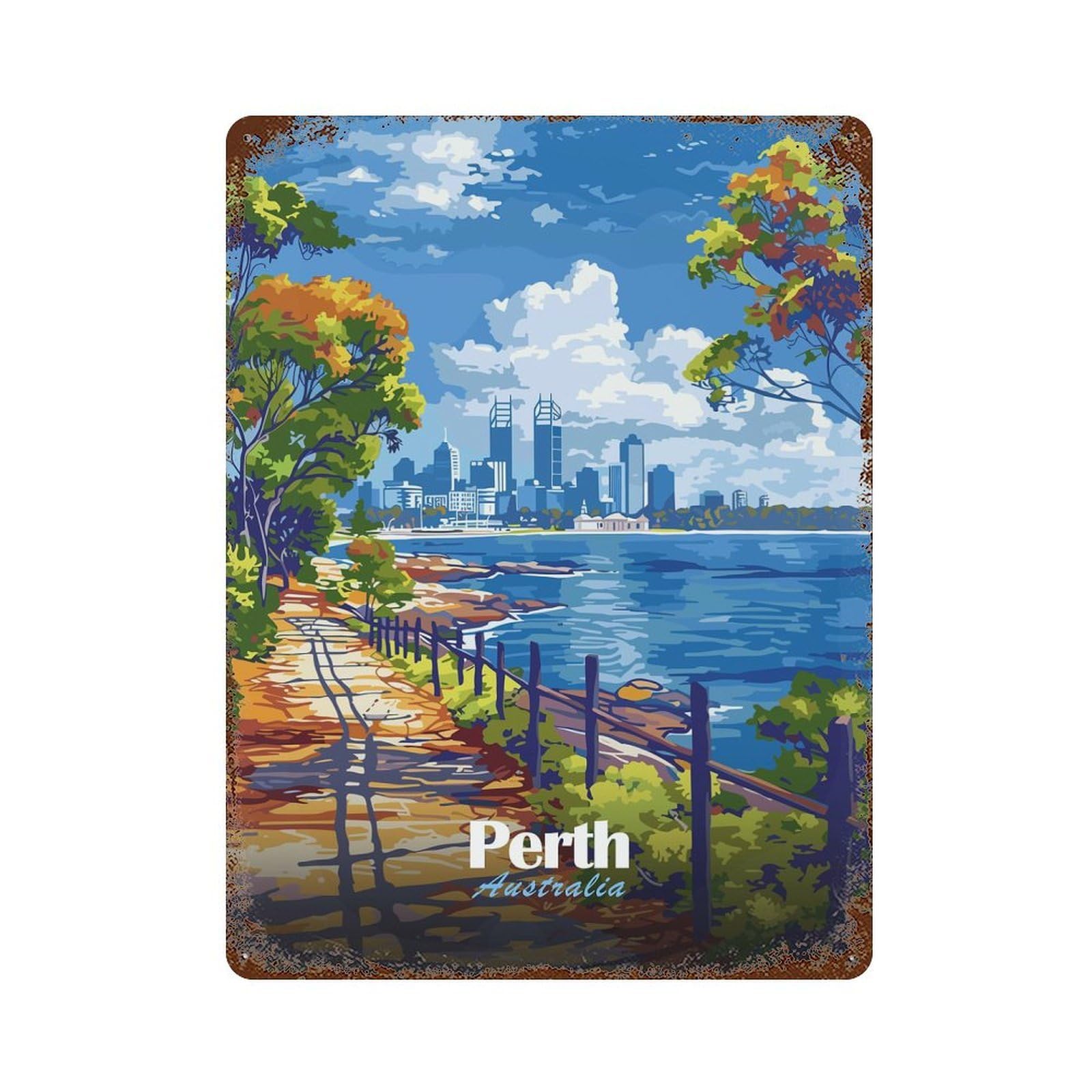 Aged Metal Wall Plaque with Perth Australia Cityscape Travel Design 15.7"x11.8", for Basement, Hobby Room And Garage Decor, Classic Wall Plaque