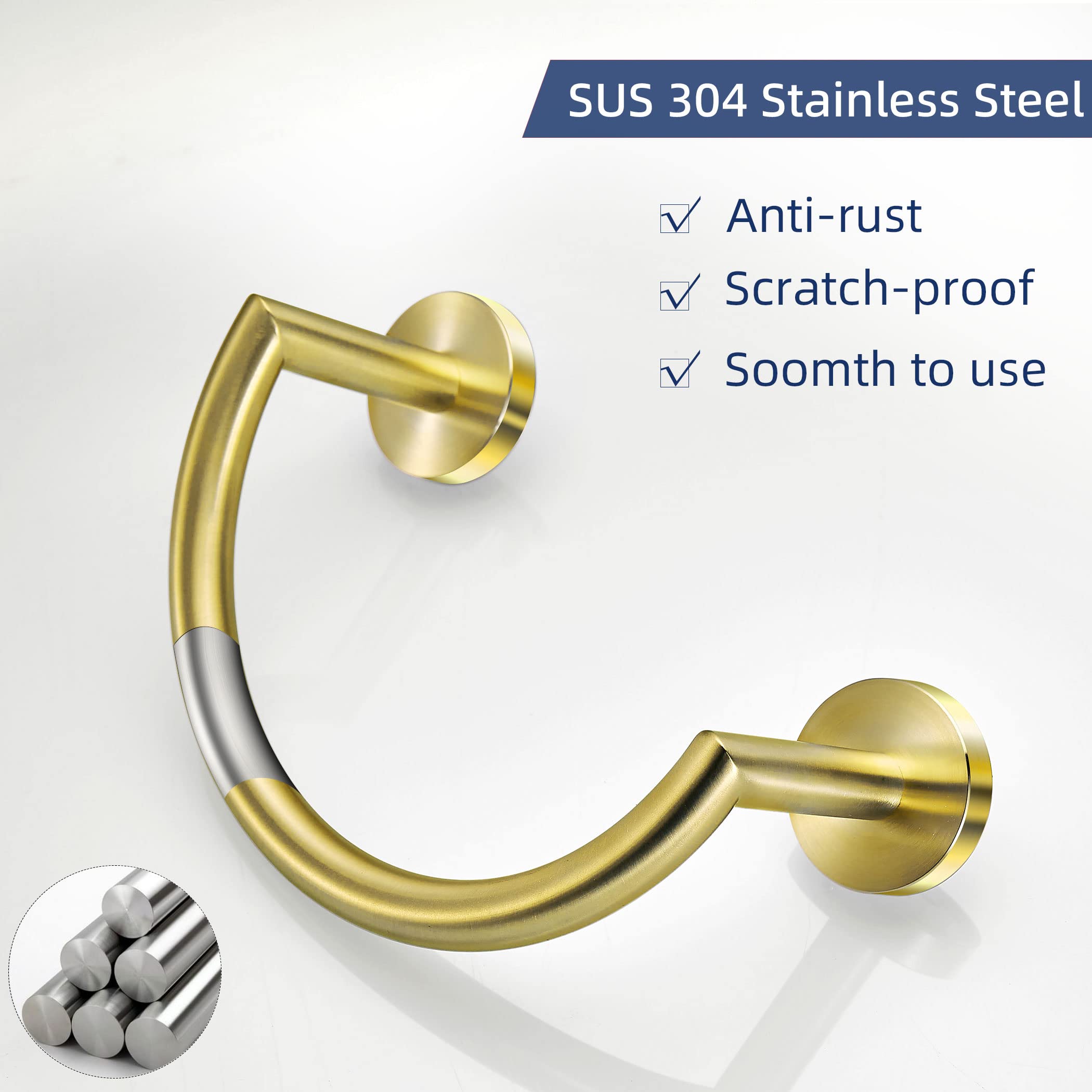 BigBig Home Gold Towel Holder, Bathroom Towel Ring Stainless Steel Brushed Gold Hand Towel Racks Wall Mounted Be2 Be2 - View #2