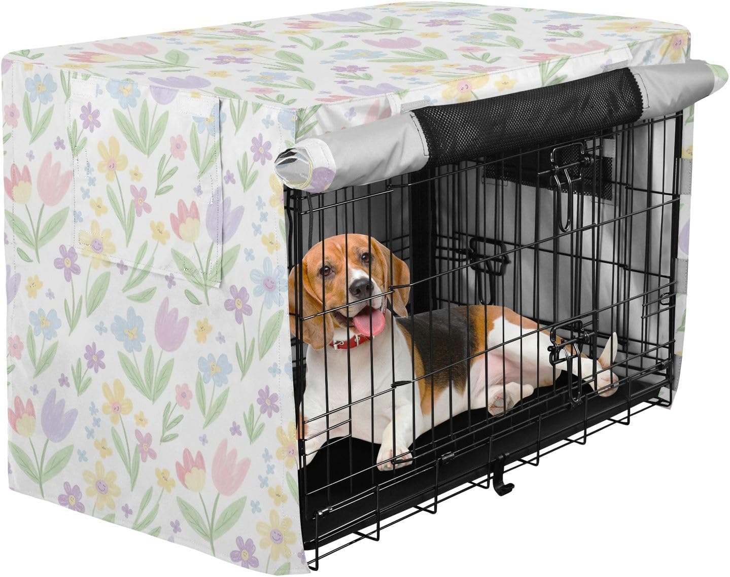 Spring Flower Tulip Daisy Pastel Dog Crate Cover Easy to Install, Pet Kennel Cover with Mesh Windows, X-Large