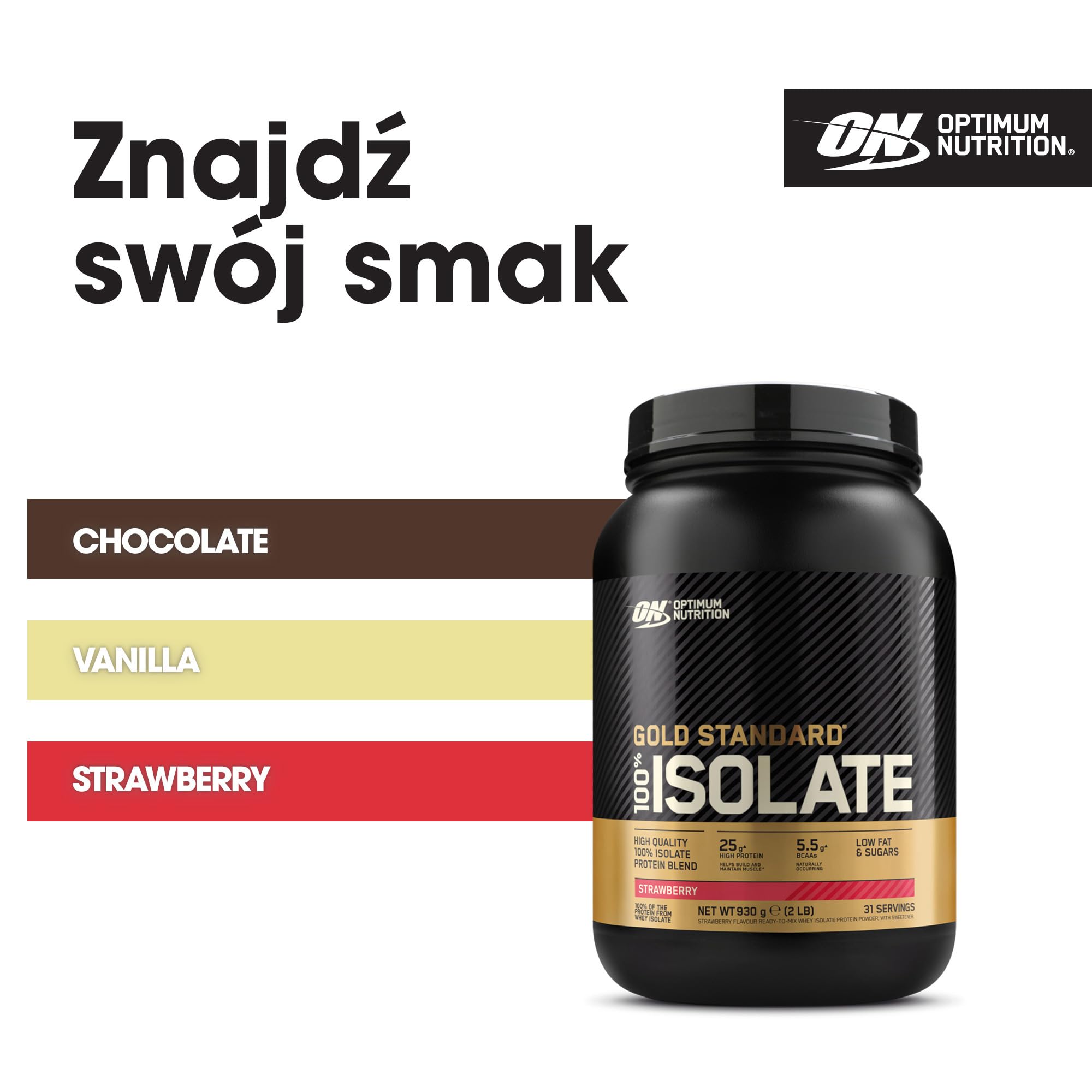 Optimum Nutrition ON Gold Standard 100% Isolate, 100 % Izolat Białka Serwatkowego, BCAA i Glutamina, Przed i po treningu, Smak Truskawka, 31 Porcji, 930 g